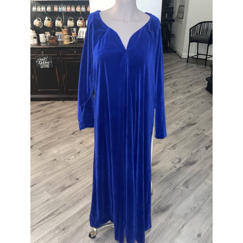 Vintage 70's-80s David Brown x Saks Blue Maxi House Dress Large Gown Velour USA